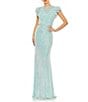 Mac Duggal Sequined Mesh High V-Neck Overlay Flutter Sleeves Mermaid Gown, Color:Ice Blue - Image 1