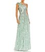 Mac Duggal Sequined One Shoulder Ruffle Flutter Sleeveless Back Detail A-Line Gown, Color:Pistachio - Image 1