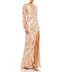 Color:Rose Gold - Image 1 - Sequin Surplice V-Neck Long Sleeve Thigh High Slit Sheath Gown