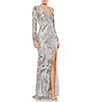 Color:Platinum - Image 1 - Sequin Surplice V-Neck Long Sleeve Thigh High Slit Sheath Gown