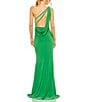 Mac Duggal Sleeveless One Shoulder Thigh High Slit Draped Back Detail Jersey Sheath Gown, Color:Green - Image 2