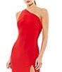 Mac Duggal Sleeveless One Shoulder Thigh High Slit Draped Back Detail Jersey Sheath Gown, Color:Red - Image 3