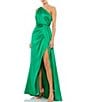 Color:Emerald - Image 1 - Sleeveless Pleated One Shoulder Thigh High Slit Satin A-Line Gown