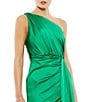 Color:Emerald - Image 3 - Sleeveless Pleated One Shoulder Thigh High Slit Satin A-Line Gown