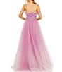 Color:Lilac Ombre - Image 2 - Strapless Ruffle Trim Sweetheart Neck Bow Detail Glitter Tulle Ball Gown