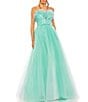 Color:Aqua Ombre - Image 1 - Strapless Ruffle Trim Sweetheart Neck Bow Detail Glitter Tulle Ball Gown