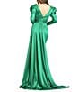 Color:Emerald - Image 2 - Surplice V-Neck Long Puff Shoulder Sleeve Thigh High Slit Faux Wrap Gown