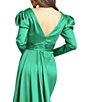 Color:Emerald - Image 4 - Surplice V-Neck Long Puff Shoulder Sleeve Thigh High Slit Faux Wrap Gown