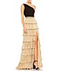 Mac Duggal Tiered Sleeveless One Shoulder Ruffle High Slit Belted Gown,Specials : American Fashion Style Bags On Sale