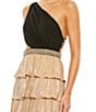 Color:Black/Gold - Image 3 - Tiered Sleeveless One Shoulder Strappy Back Detail Beaded Belt Cut Out Thigh High Slit Ruffle A-Line Gown