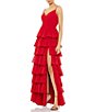 Color:Red - Image 1 - Tiered Ruffle V-Neck Sleeveless V-Back Thigh High Slit A-Line Gown