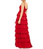 Color:Red - Image 2 - Tiered Ruffle V-Neck Sleeveless V-Back Thigh High Slit A-Line Gown
