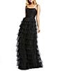 Color:Black - Image 1 - Tulle Square Neck Sleeveless Tie Strap Sequin Bodice Back Detail Tiered Ruffle Gown