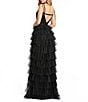 Color:Black - Image 2 - Tulle Square Neck Sleeveless Tie Strap Sequin Bodice Back Detail Tiered Ruffle Gown