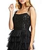 Color:Black - Image 3 - Tulle Square Neck Sleeveless Tie Strap Sequin Bodice Back Detail Tiered Ruffle Gown