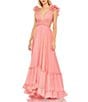 Mac Duggal V-Neck 3D Ruffle Shoulder Lace Back Chiffon A-line Gown, Color:Coral - Image 1