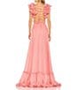 Mac Duggal V-Neck 3D Ruffle Shoulder Lace Back Chiffon A-line Gown, Color:Coral - Image 2