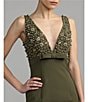 Mac Duggal V-Neck Beaded Bodice Crepe A-line Gown - Image 3