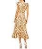Mac Duggal V-neck Flutter Sleeve Floral Print Chiffon Ruffle Hem Aline Midi Dress, Color:Cream Multi - Image 2
