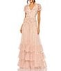 Mac Duggal V-Neck Flutter Sleeve Ruffle Tiered Embellished Gown, Color:Blush - Image 1