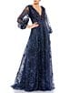 Color:Midnight - Image 1 - Deep Mesh V-Neck Long Puff Sleeve Floral Gown