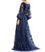 Color:Midnight - Image 2 - Deep Mesh V-Neck Long Puff Sleeve Floral Gown