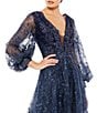 Color:Midnight - Image 3 - Deep Mesh V-Neck Long Puff Sleeve Floral Gown