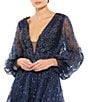 Color:Midnight - Image 5 - Deep Mesh V-Neck Long Puff Sleeve Floral Gown