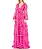 Color:Fuchsia - Image 1 - V-Neck Long Puff Sleeve Ruffled Gown