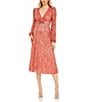 Mac Duggal V-Neck Long Puff Sleeve Sequined Chiffon Midi Dress, Color:Coral - Image 1