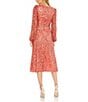 Mac Duggal V-Neck Long Puff Sleeve Sequined Chiffon Midi Dress, Color:Coral - Image 2