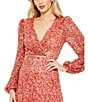 Mac Duggal V-Neck Long Puff Sleeve Sequined Chiffon Midi Dress, Color:Coral - Image 3