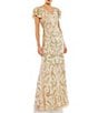 Color:Nude Multi - Image 1 - V-Neck Tiered Ruffle Short Sleeve Floral Beaded Sequin Gown