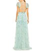 Color:Aqua - Image 2 - V-Neck Short Sleeve Lace Up Back 3D Floral Gown