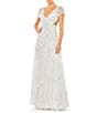 Color:White - Image 1 - V-Neck Short Sleeve Lace Up Back 3D Floral Gown