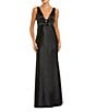 Mac Duggal V-Neck Sleeveless Bow Trim Satin Sheath Gown - Image 1