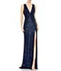 Color:Midnight - Image 1 - V-Neck Sleeveless Ruched Waist Front Slit Sequin Gown