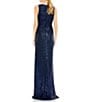 Color:Midnight - Image 2 - V-Neck Sleeveless Ruched Waist Front Slit Sequin Gown