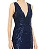 Color:Midnight - Image 3 - V-Neck Sleeveless Ruched Waist Front Slit Sequin Gown