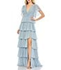 Color:Slate Blue - Image 1 - V Neckline Short Flutter Sleeve Tiered Gown