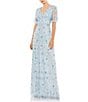 Mac Duggal V-Neck Neck Flutter Sleeve Embellished Mesh Column Gown, Color:Powder Blue - Image 1