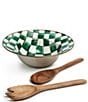 MacKenzie-Childs Check Enamel Salad Serving Bowl & Wood Server Set, Color:Emerald Check - Image 1