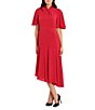 Color:Cranberry - Image 1 - Asymmetrical Hemline Crepe Short Sleeve Twisted Mock Neck Stretch Midi Dress