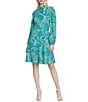 Color:Seafoam/Green - Image 1 - Bubble Crepe Floral Embroidery Tie Neck Long Sleeve Dress