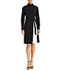 Maggy London Color Block Scuba Crepe Mock Beck Long Sleeve Self-Tie Belt A-Line Midi Dress, Color:Black - Image 3