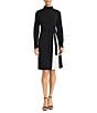 Maggy London Color Block Scuba Crepe Mock Beck Long Sleeve Self-Tie Belt A-Line Midi Dress, Color:Black - Image 1