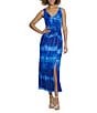 Color:Sky Denim Blue - Image 1 - Compact Mesh Printed V-Neck Sleeveless Waist Detail Midi Dress