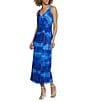 Color:Sky Denim Blue - Image 3 - Compact Mesh Printed V-Neck Sleeveless Waist Detail Midi Dress