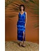 Color:Sky Denim Blue - Image 4 - Compact Mesh Printed V-Neck Sleeveless Waist Detail Midi Dress
