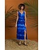 Color:Sky Denim Blue - Image 5 - Compact Mesh Printed V-Neck Sleeveless Waist Detail Midi Dress